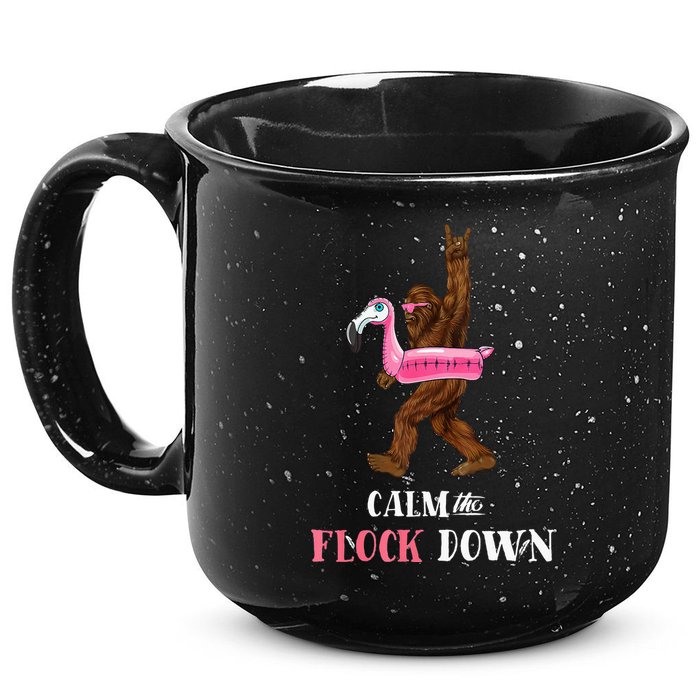 Calm The Flock Down Funny Pool Party Bigfoot Flamingo 15oz Campfire Ceramic Mug