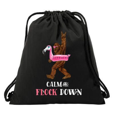 Calm The Flock Down Funny Pool Party Bigfoot Flamingo Drawstring Bag