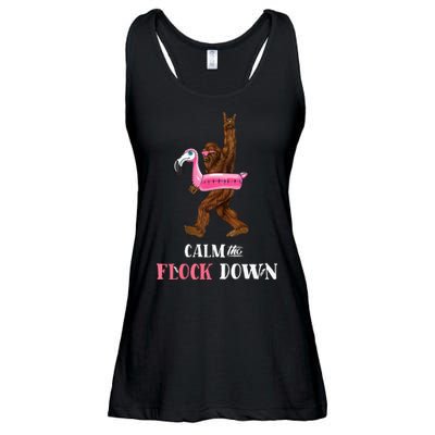 Calm The Flock Down Funny Pool Party Bigfoot Flamingo Ladies Essential Flowy Tank