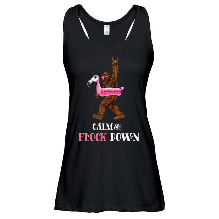 Calm The Flock Down Funny Pool Party Bigfoot Flamingo Ladies Essential Flowy Tank