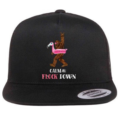 Calm The Flock Down Funny Pool Party Bigfoot Flamingo Flat Bill Trucker Hat