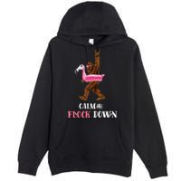 Calm The Flock Down Funny Pool Party Bigfoot Flamingo Premium Pullover Hoodie