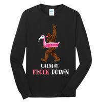 Calm The Flock Down Funny Pool Party Bigfoot Flamingo Tall Long Sleeve T-Shirt