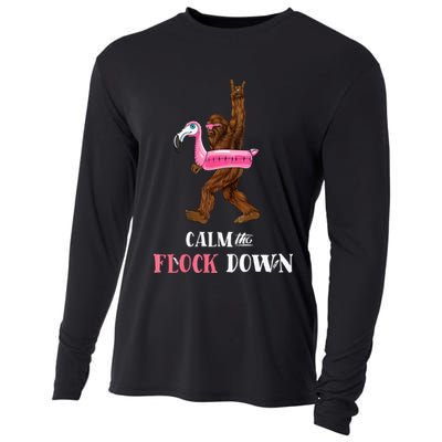 Calm The Flock Down Funny Pool Party Bigfoot Flamingo Cooling Performance Long Sleeve Crew