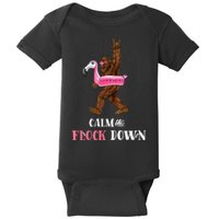 Calm The Flock Down Funny Pool Party Bigfoot Flamingo Baby Bodysuit