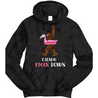 Calm The Flock Down Funny Pool Party Bigfoot Flamingo Tie Dye Hoodie