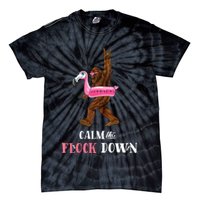 Calm The Flock Down Funny Pool Party Bigfoot Flamingo Tie-Dye T-Shirt