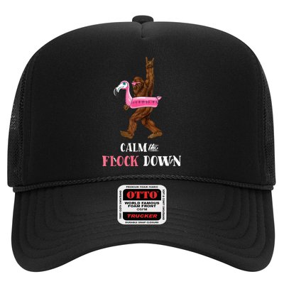 Calm The Flock Down Funny Pool Party Bigfoot Flamingo Trucker Hat