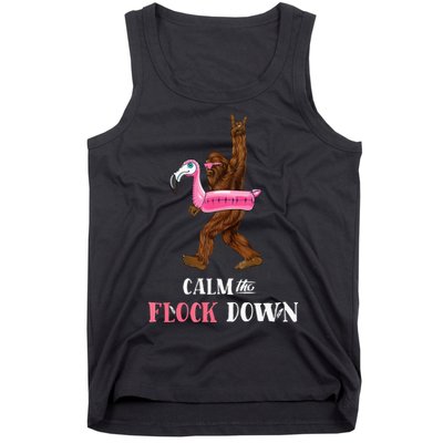 Calm The Flock Down Funny Pool Party Bigfoot Flamingo Tank Top