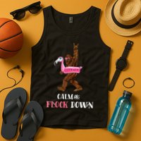 Calm The Flock Down Funny Pool Party Bigfoot Flamingo Tank Top