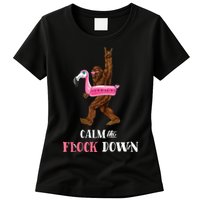 Calm The Flock Down Funny Pool Party Bigfoot Flamingo Womens T-Shirt
