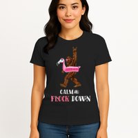 Calm The Flock Down Funny Pool Party Bigfoot Flamingo Womens T-Shirt