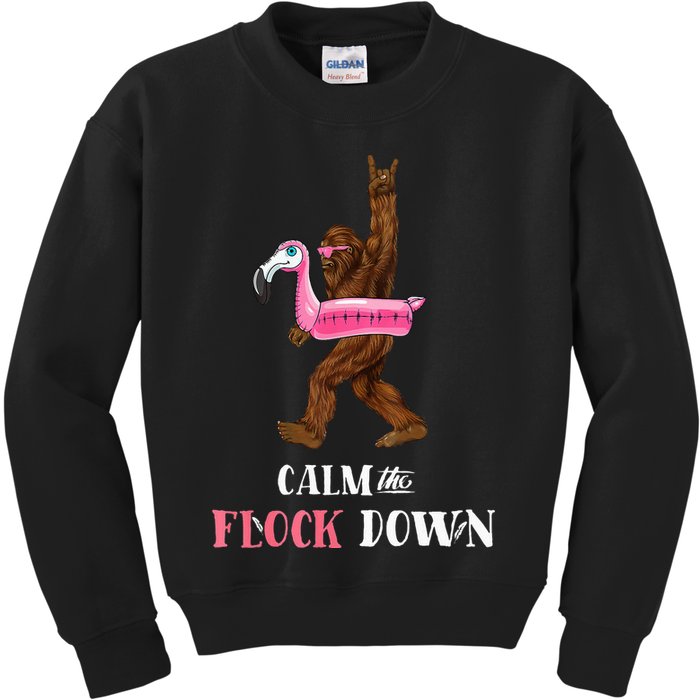 Calm The Flock Down Funny Pool Party Bigfoot Flamingo Kids Sweatshirt