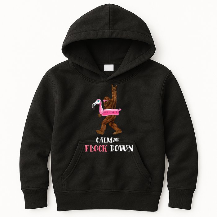 Calm The Flock Down Funny Pool Party Bigfoot Flamingo Kids Hoodie
