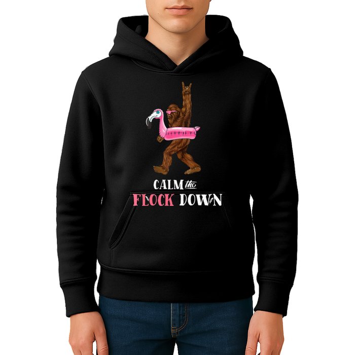 Calm The Flock Down Funny Pool Party Bigfoot Flamingo Kids Hoodie