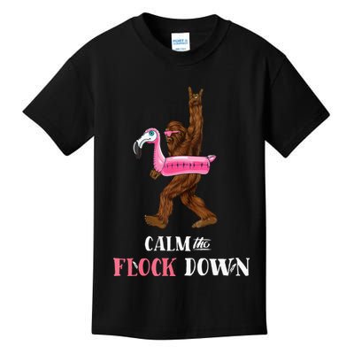 Calm The Flock Down Funny Pool Party Bigfoot Flamingo Kids T-Shirt