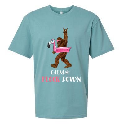 Calm The Flock Down Funny Pool Party Bigfoot Flamingo Sueded Cloud Jersey T-Shirt