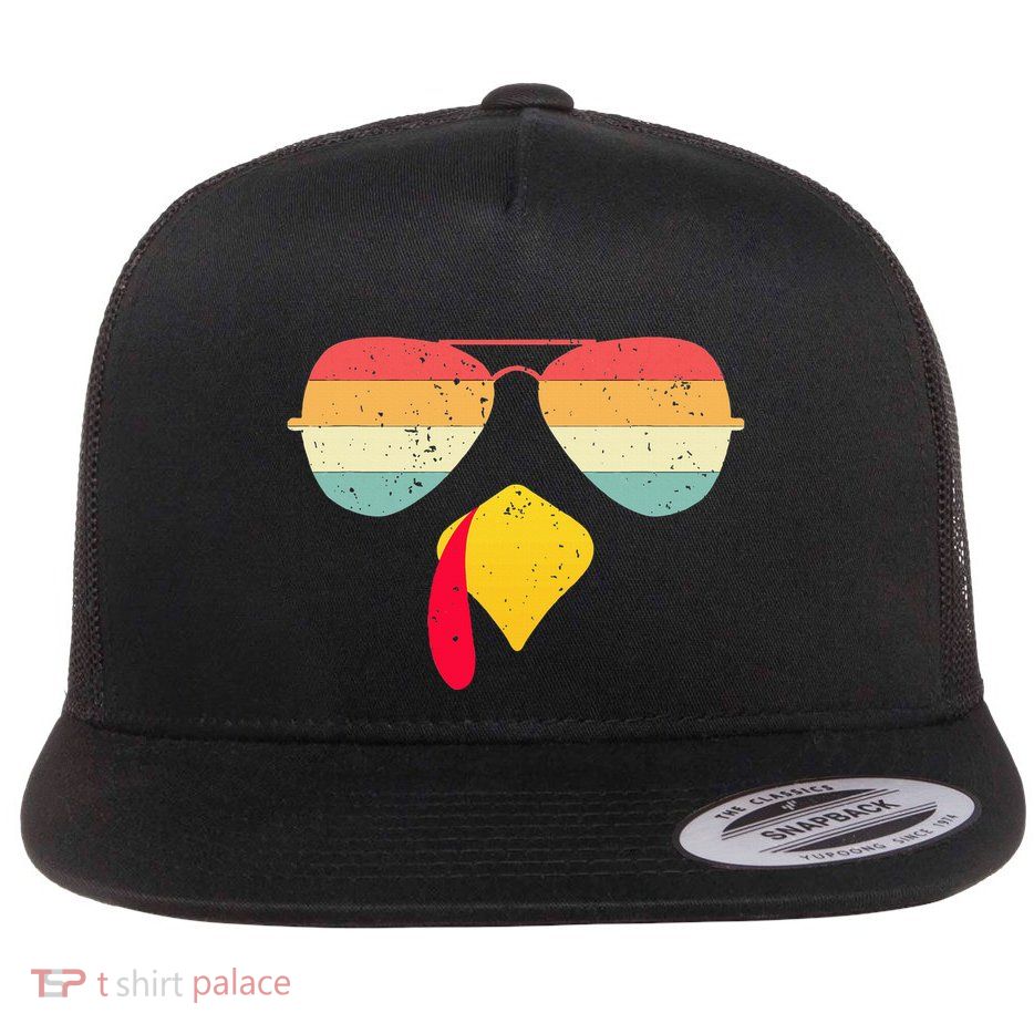 Cool Turkey Face With Sunglasses Funny Thanksgiving Flat Bill Trucker Hat