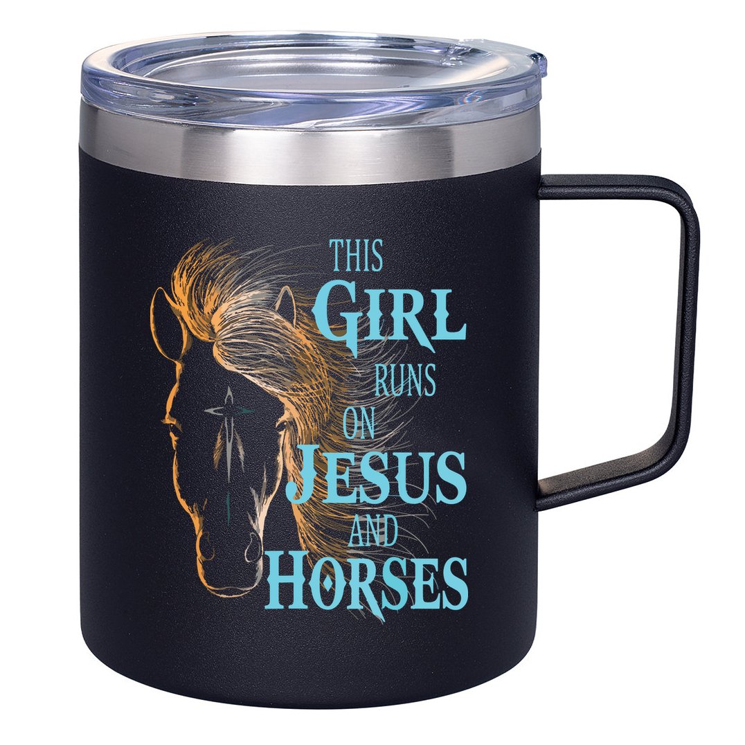 Christian THIS GIRL RUNS ON JESUS HORSES Equestrian Rider 12oz Stainless Steel Coffee Mug
