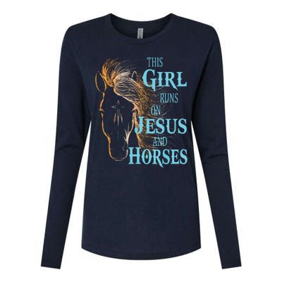 Christian THIS GIRL RUNS ON JESUS HORSES Equestrian Rider Womens Cotton Relaxed Long Sleeve T-Shirt