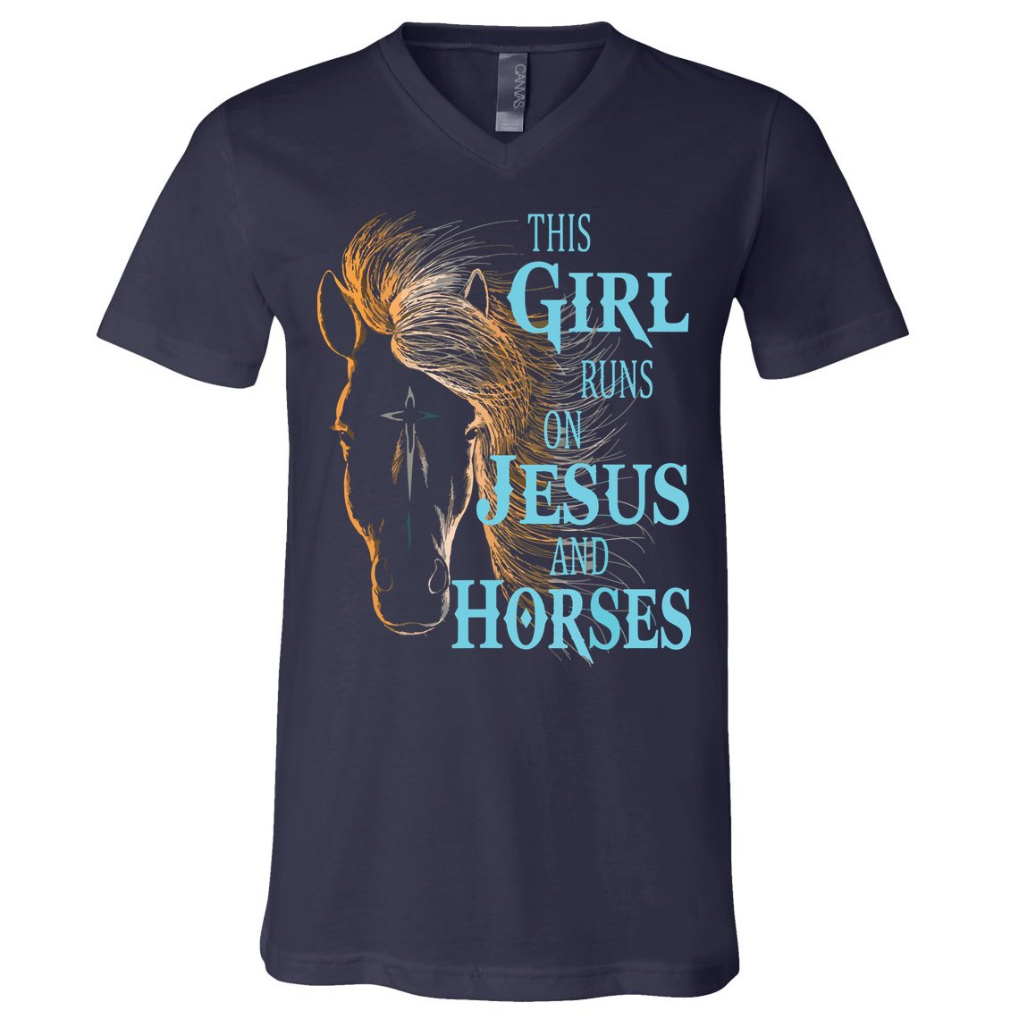 Christian THIS GIRL RUNS ON JESUS HORSES Equestrian Rider V-Neck T-Shirt