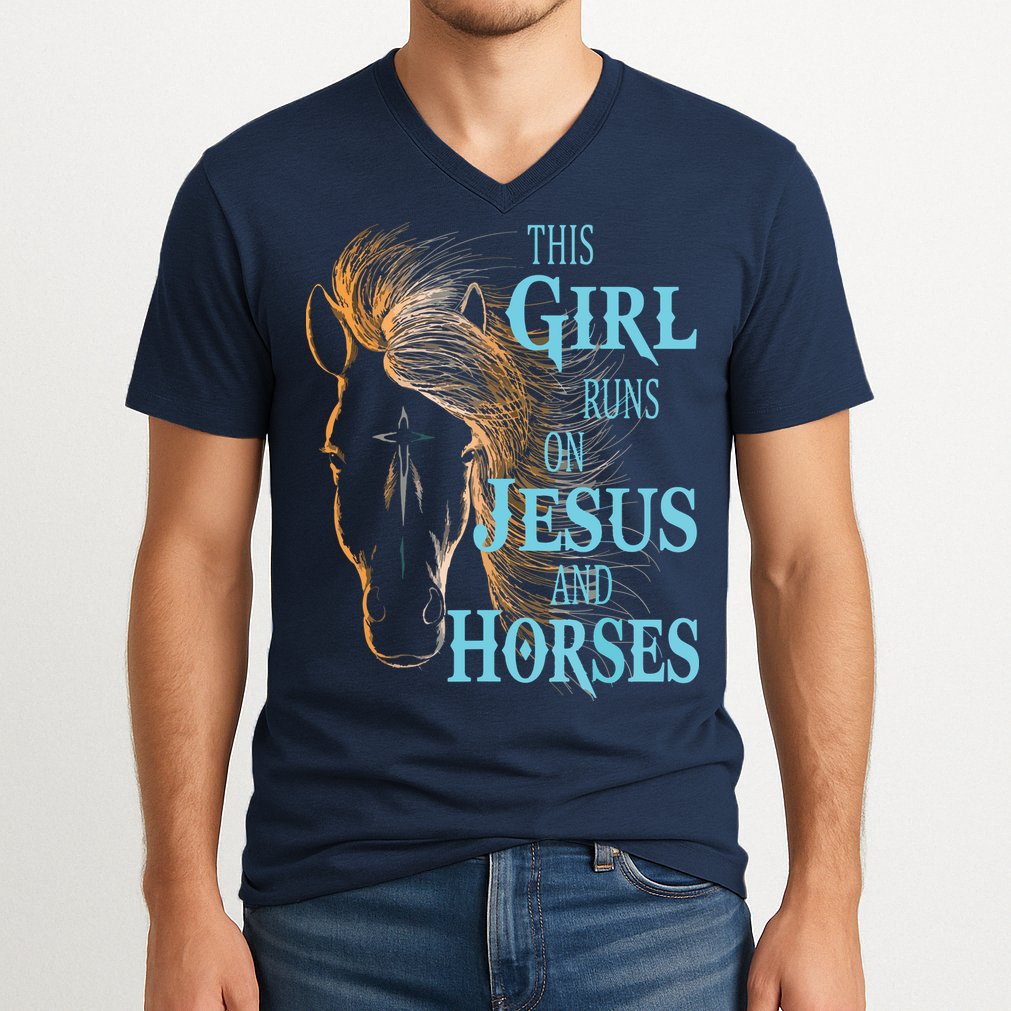 Christian THIS GIRL RUNS ON JESUS HORSES Equestrian Rider V-Neck T-Shirt