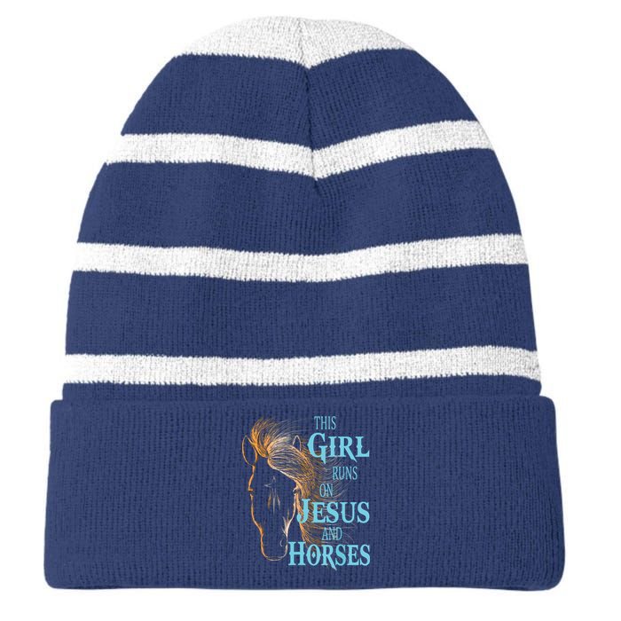 Christian THIS GIRL RUNS ON JESUS HORSES Equestrian Rider Striped Beanie with Solid Band