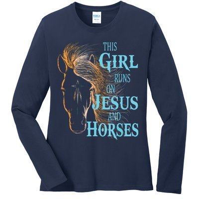 Christian THIS GIRL RUNS ON JESUS HORSES Equestrian Rider Ladies Long Sleeve Shirt