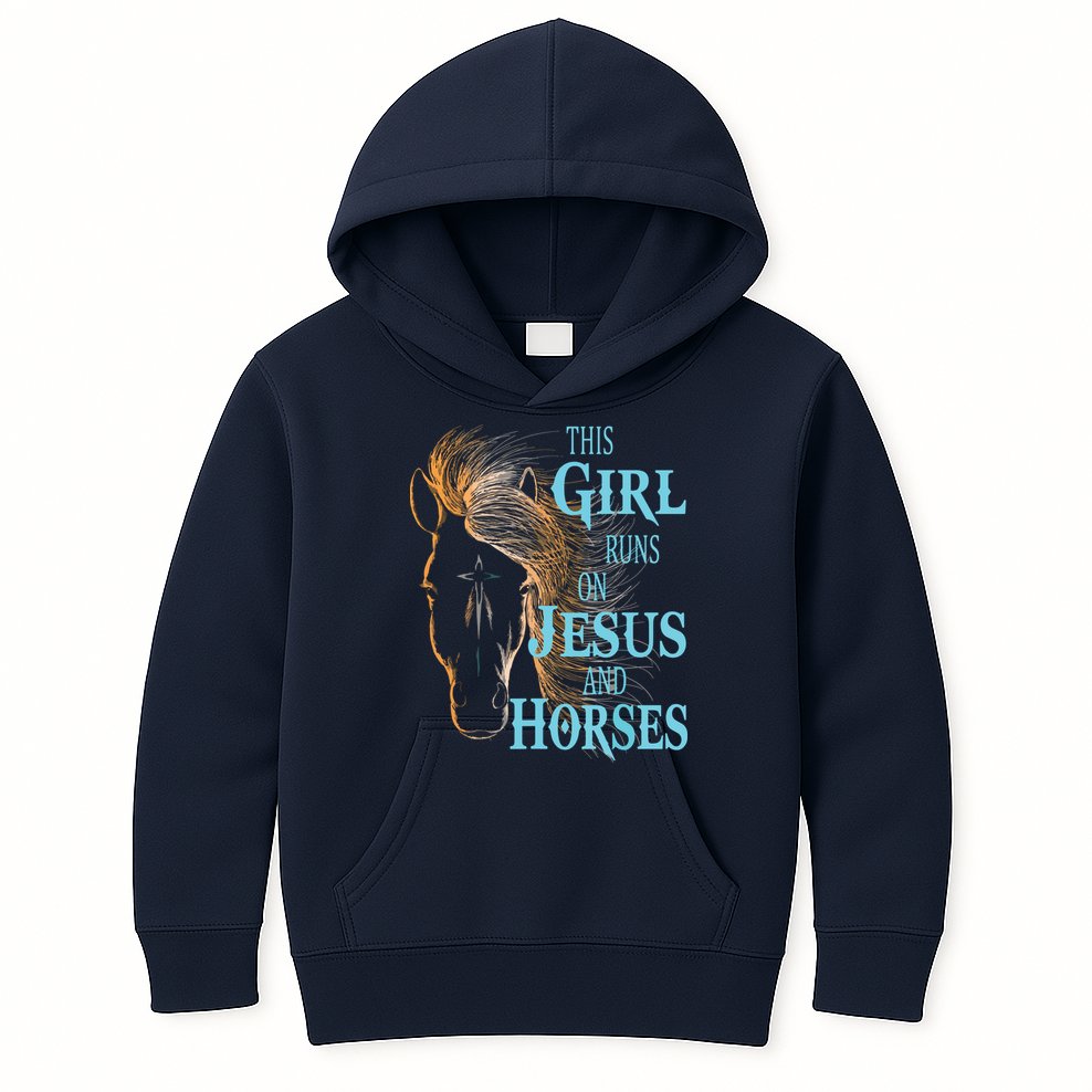 Christian THIS GIRL RUNS ON JESUS HORSES Equestrian Rider Kids Hoodie