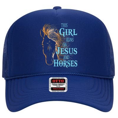 Christian THIS GIRL RUNS ON JESUS HORSES Equestrian Rider High Crown Mesh Back Trucker Hat