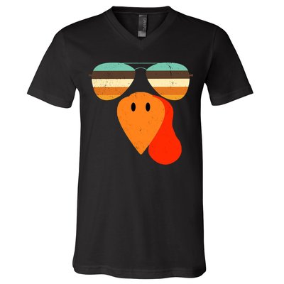 Cool Turkey Gobble Face Shades Funny Thanksgiving V-Neck T-Shirt