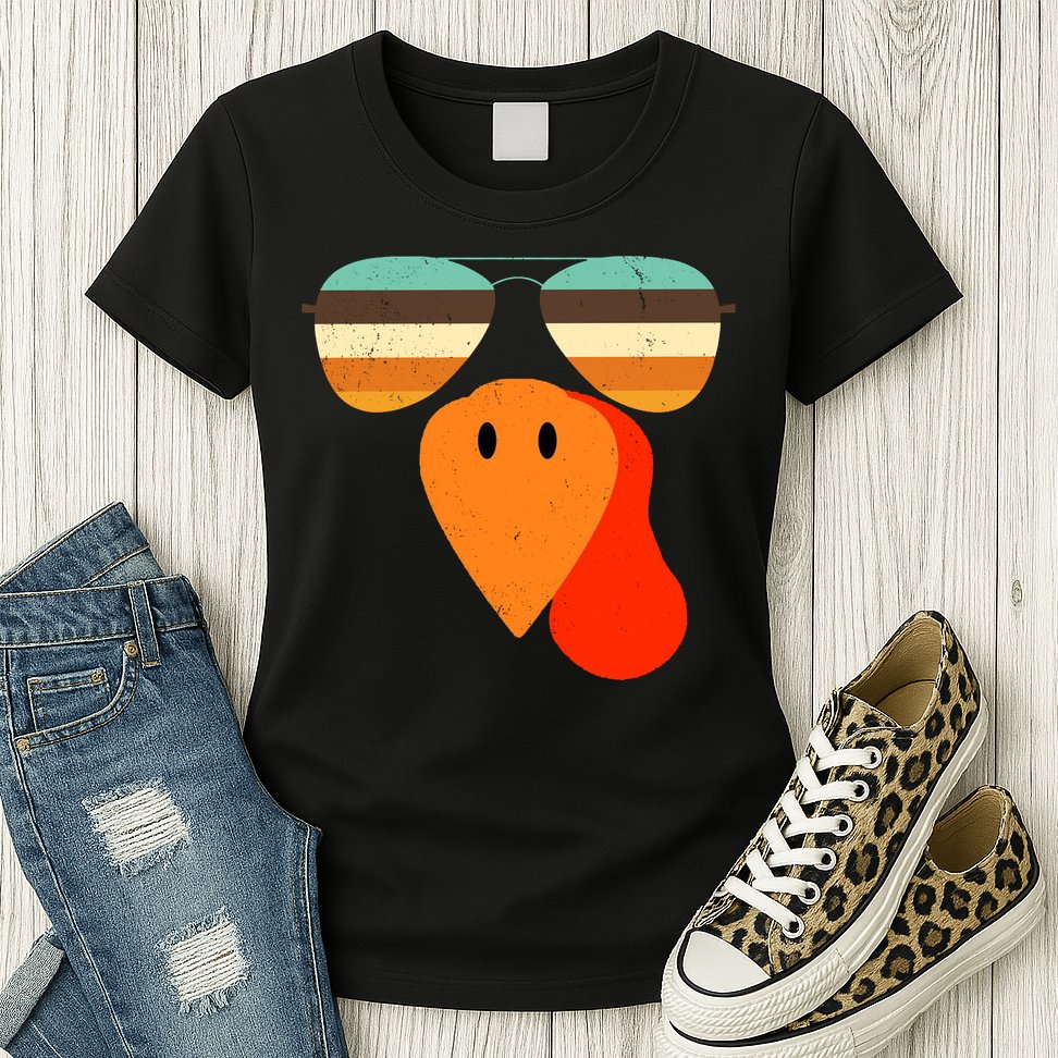 Cool Turkey Gobble Face Shades Funny Thanksgiving Womens T-Shirt