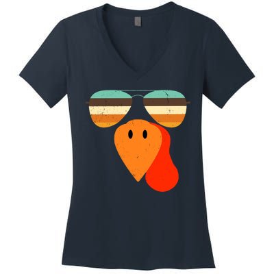 Cool Turkey Gobble Face Shades Funny Thanksgiving Women's V-Neck T-Shirt