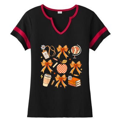 Coquette Teacher Game Day Fall Autumn Book Coffee Ladies Halftime Notch Neck Tee