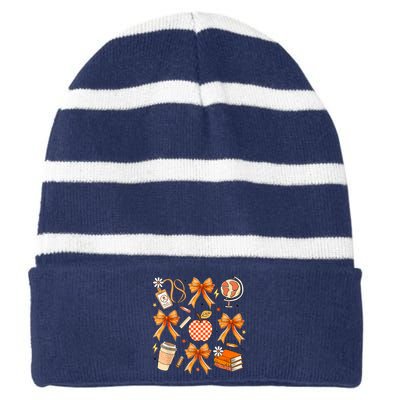 Coquette Teacher Game Day Fall Autumn Book Coffee Striped Beanie with Solid Band