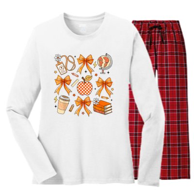 Coquette Teacher Game Day Fall Autumn Book Coffee Women's Long Sleeve Flannel Pajama Set 