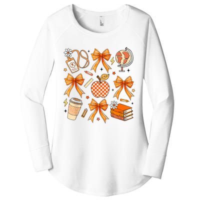 Coquette Teacher Game Day Fall Autumn Book Coffee Women's Perfect Tri Tunic Long Sleeve Shirt