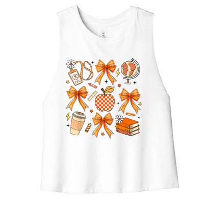 Coquette Teacher Game Day Fall Autumn Book Coffee Women's Racerback Cropped Tank