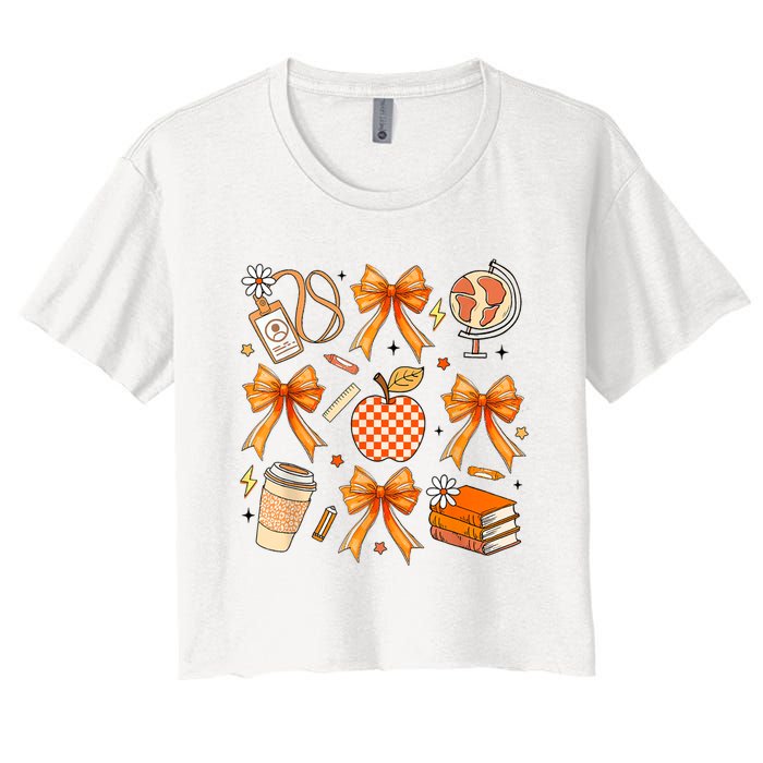 Coquette Teacher Game Day Fall Autumn Book Coffee Women's Crop Top Tee