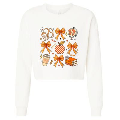 Coquette Teacher Game Day Fall Autumn Book Coffee Cropped Pullover Crew