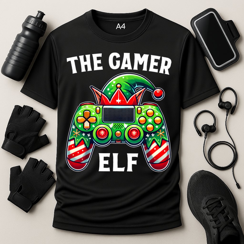 Christmas The Gamer Elf Video Gaming Cooling Performance Crew T-Shirt