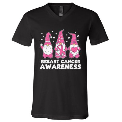 Cute Three Gnomes Pink Ribbon Breast Cancer Awareness V-Neck T-Shirt