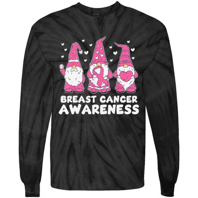 Cute Three Gnomes Pink Ribbon Breast Cancer Awareness Tie-Dye Long Sleeve Shirt