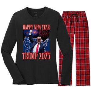 Cute Trump Happy New Year 2025 45 47 Outlaw Won Sarcasm Women's Long Sleeve Flannel Pajama Set 