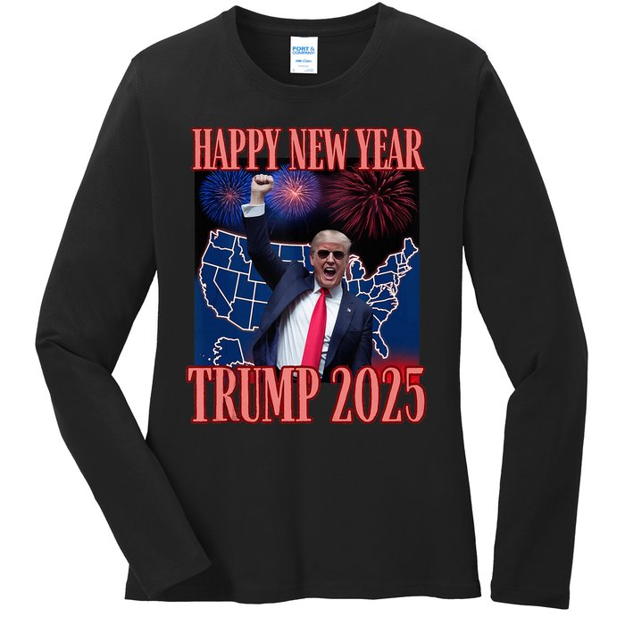 Cute Trump Happy New Year 2025 45 47 Outlaw Won Sarcasm Ladies Long Sleeve Shirt