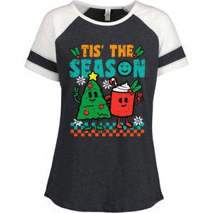 Christmas Tree Hot Cocoa Tis The Season Retro Groovy Xmas Enza Ladies Jersey Colorblock Tee