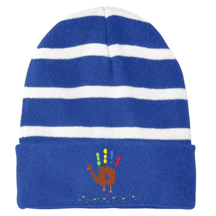 Cutest Turkey Handprint Thanksgiving Striped Beanie with Solid Band