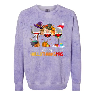 Christmas Thanksgiving Halloween Wine Happy Hallothanksmas Colorblast Crewneck Sweatshirt