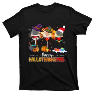 Christmas Thanksgiving Halloween Wine Happy Hallothanksmas T-Shirt