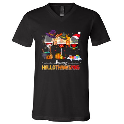 Christmas Thanksgiving Halloween Wine Happy Hallothanksmas V-Neck T-Shirt